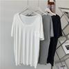 Camiseta de Modal con Bolsillo y Cuello Redondo Grande para Mujer Estilo Perezoso Delgada con Caída Color Sólido Adelgazante Versátil Top de Longitud Media para Mujer