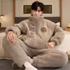Pijama de Hombre Invierno Engrosado Forrado de Felpa Terciopelo de Coral Invierno Cremallera Juvenil Dibujos Animados Ropa de Casa Portátil Set