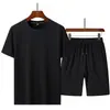 Traje de Color Sólido de Algodón con Mangas Cortas para Hombre, Delgado de Verano, Transpirable, Shorts de Manga Corta con Sensación Fresca, Conjunto Casual de Dos Piezas para Deporte