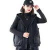 Chaqueta Chaleco de Mezclilla con Capucha, Talla Grande, Vintage, Corte Holgado, Adelgazante, Casual, con Bolsillos, Estilo Corto, Negro y Azul