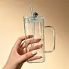 Taza Cuadrada Gruesa de Vidrio de Borosilicato con Tapa Asa de Paja Vaso de Agua Resistente a Altas Temperaturas Estilo Ins Taza de Jugo para Niñas