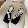 Sandálias de Dedo Quadradas com Lantejoulas Florais Estilo 2026 para Mulheres, Design Requintado Estilo Francês, Adequadas para Combinar com Vestidos, Sandálias Romanas com Salto Cuña de Tira Única