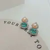 Pendientes Nacionales de Tendencia con Zirconia de Diamante Completo, Diamante Verde, Calabaza y Perla de Agua Dulce para Mujer, Aguja de Plata 925, Pendientes Versátiles de Lujo Ligero de Gama Alta