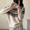 Suéter Jacquard Retro Fair Isle Feminino Peça Interna/Externa 2026 Outono/Inverno Novo Gola Redonda Malha Base