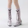 Medias de Malla de Verano Estilo Ins Chica Dulce Pura Blanco Leche Calcetines para Pantorrilla con Encaje Hueco y Moño