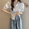 Coreia do Sul Verão Nicho Gola Simples Plissado Design Plissado Manga Bolha Chique All-match Trendy Camisa