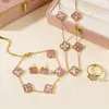 Set de Cuatro Piezas de Trébol de Cuatro Hojas de Doble Cara Más Vendido Transfronterizo: Collar, Aretes, Pulsera, Anillo, Conjunto de Joyería Versátil y Elegante de Cinco Hojas