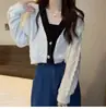 Cardigan de Tricô com Decote V Cor de Café para Mulheres, Curto para Primavera/Outono, Cintura Alta, Mangas Longas, Peça para Outono Inicial, Suéter, Casaco, Top para Baixinhas