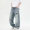 Jeans Lavados Desgastados Rasgados Estilo Callejero Americano para Hombre, Verano Rectos de Corte Holgado, Pantalones Largos de Moda High Street Europeo y Americano