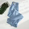 Foto Real de Pantalones Anchos de Mezclilla Tencel para Mujer Verano 2025 Nuevos Sueltos de Cintura Alta Rectos Caídos de Seda de Hielo Casuales