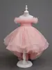 Vestido Formal de Menina com Cauda, Curto na Frente, Longo Atrás, Saia de Princesa, Em Estoque, Atacado, Estilo Europeu e Americano, Saia de Gaze, Vestido de Daminha de Casamento, Vestido de Banquete