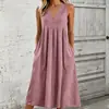 Vestido largo casual de verano para mujer, transfronterizo europeo y americano, de color liso, suelto, con bolsillos, escote en V, sin mangas, de longitud media