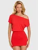 Vestido bodycon corto de manga corta de un solo hombro y hombros descubiertos estilo europeo y americano, vestido mini ajustado plisado de manga corta y hombros descubiertos, de corte holgado y ajustado a la cintura