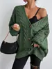 Suéter Twist de Gola Cruzada Europeu e Americano Jaqueta Feminina Temperamento para o Trabalho Solto Preguiçoso Listras Caneladas Mangas Bufantes Cardigan de Tricô