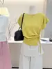Camiseta de Manga Corta Ajustada Estilo Coreano que Ceñe la Cintura para Mujer, Diseño de Lazo de Verano, Moda Única, Top de Cuello Redondo con Manga Acampanada 06019