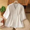 Foto Real de Camisa Simples Lisa Retro 2025 com Decote em V de Manga Média e Jaqueta de Botão Único Cardigã Casual Top para Mulheres