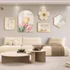 Pintura decorativa para sala de estar estilo crema wabi-sabi, pintura colgante para pared de fondo de sofá, mural de pared colgante minimalista nórdico con combinación de reloj