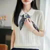 Bufanda de Seda con Cuello Camisero Top de Punto de Manga Corta Camiseta para Mujer Verano Estilo Delgado Alto Grado Delgado Transpirable Camiseta Azul Superior Blusa