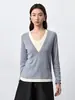 Blusa de tricô feminina personalizada para outono e inverno, com decote V, blocos de cor e mangas compridas, feita de seda de amoreira e lã de ovelha, projetada para o trajeto