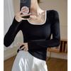 Camiseta Cuadrada de Canalé Fino de Alta Elasticidad Seleccionada para Mujer, Manga Larga, Nuevo Estilo Otoño e Invierno 2026, Ropa Exterior Color Block, Top para Capas Interiores