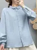 Estilo chica de bosque, con ribete de encaje, patchwork bordado, camisa de gasa de algodón de doble capa, cárdigan liso para mujer, camisa de manga larga, top, XC95