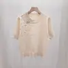 Suéter de Punto Redondo de Manga Corta para Mujer, Estilo Dulce y Femenino, Resistente, Adornado con Pedrería, Moda de Invierno, Rejuvenecedor, Corte Holgado, Versátil, Top de Moda