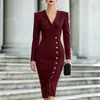 Vestido ajustado de cuello en V de manga larga con pliegues y abertura lateral, transfronterizo de Amazon europeo y americano