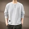 Camiseta Masculina de Manga Longa com Gola Henley Retro Americano de Alta Qualidade Outono Novo Estilo Texturizada Solta Tendência Marca Camada Base Moletom Masculino