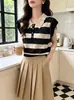 Camiseta de Punto Informal de Manga Corta con Cuello de Muñeca y Adorno de Encaje de Bambú Estilo Coreano para Mujer Verano Nuevo Estilo