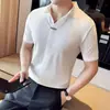 Camiseta de Manga Corta con Cuello de Solapa para Hombre de Verano Estilo Coreano de Moda Corte Ajustado Alta Elasticidad Cuello en V Seda de Hielo Sin Costuras Camisa Polo Polo Negro