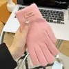 Luvas de Tricô Cor Lisa Estilo Coreano para Mulheres Inverno Dois Dedos Livres Estudante Versátil para Ciclismo Compatível com Tela de Toque Quente Espessadas Luvas com Dedos Divididos