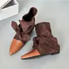 En stock~Botas Vaqueras de Mujer Estilo Retro Bloque de Color con Cordones Lazo Punta Puntiaguda Cuña Botas de Caballero con Aumento de Altura de 7 cm