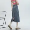 Falda de Mezclilla de Cintura Alta con Hebilla Ajustable para Mujer, Nuevo Estilo Primavera/Verano 2026, Abertura, Falda Midi de Línea A Adelgazante con Bordado