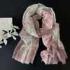 Bufanda de Algodón y Lino Estilo Isla de Coco para Mujer, Diseño Original, Patrón de Hojas Azules, Chal Largo con Borlas para Sombrilla y Protección Solar, para Primavera y Verano