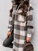Jaqueta de Lã Feminina de Comprimento Médio com Estampa Xadrez de Manga Longa, Nova Coleção Outono/Inverno, Roupas Femininas, Amazon Europeia e Americana