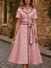 Vestido Elegante Francês 2026 Transfronteiriço Europeu e Americano Amazon Poá Decote V Botões Amarração na Cintura Drapê Ajuste na Cintura