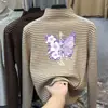 Estilo Otoño e Invierno Moda para Bebés Elegante Camiseta de Forro Polar para Niñas de Tamaño Mediano a Grande Cuello Medio Alto Manga Larga Top Rayado