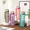 Taza deportiva de plástico con tapa abatible transfronteriza, taza linda con estampado, taza de plástico para estudiantes, portátil para exteriores, gran capacidad, taza con popote, venta al por mayor
