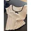 Top de punto acanalado ajustado y versátil de seda helada para mujer 2026, casual, con lazo y mangas cortas acampanadas, para figuras petite