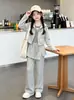 Conjunto de Sudadera con Cremallera Estilo Coreano para Niñas Otoño Nuevo con Pantalones de Pierna Ancha Acampanados, Chaqueta Corta Infantil