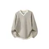 Suéter de tricô masculino com blocos de cor e decote V, caimento solto, novo estilo moderno, versátil, design relaxado e casual, camisa de manga longa