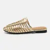 Pantuflas de Verano Tejidas Hechas a Mano Estilo Retro Punta Abierta Calados Planas Tipo Mula Pantuflas de Exterior para Persona Perezosa Zapatos de Mujer S7006-1