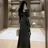 Vestido largo de manga larga con cuello en U, maduro y elegante para mujer, nuevo estilo otoño/invierno, chica popular, cintura alta, cinturón de corbata, adelgazante, falda larga de línea A
