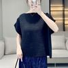 Miyake - Camiseta plisada de verano 2024 para mujer, fina, de color liso, con cuello redondo, manga corta, holgada y adelgazante.