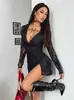 Vestido bodycon negro de encaje con mangas largas, estilo puro deseo europeo y americano, transfronterizo 2026, personalizado, con cuello en V, cordón y abertura