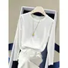 Camiseta de manga longa de algodão de bambu na cor café para mulheres, estilo coreano, elegante, que rejuvenesce, moderna, plus size, para o outono