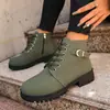 Nuevas botas cortas de tacón grueso para otoño e invierno, botas de mujer con cordones y punta redonda, botas cortas de tacón alto grueso de material gamuza