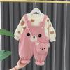 Conjunto de calça com alça de bolsa forrada de fleece para crianças, nova roupa de inverno para crianças, meninos, manga longa, suéter grosso, duas peças, atacado