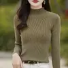 Tricô de Fio 100% Algodão Sem Costura Feminino Gola Meia-Alta Manga Longa de Inverno Pulôver Slim Fit Camada Base