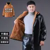 Conjunto de jaqueta de couro espessa com forro de fleece e calça, outono e inverno, tamanho grande, à prova de vento e quente, adequado para trabalho ao ar livre, entrega e direção